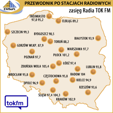 Mapa zasięgu - Radio TOK FM